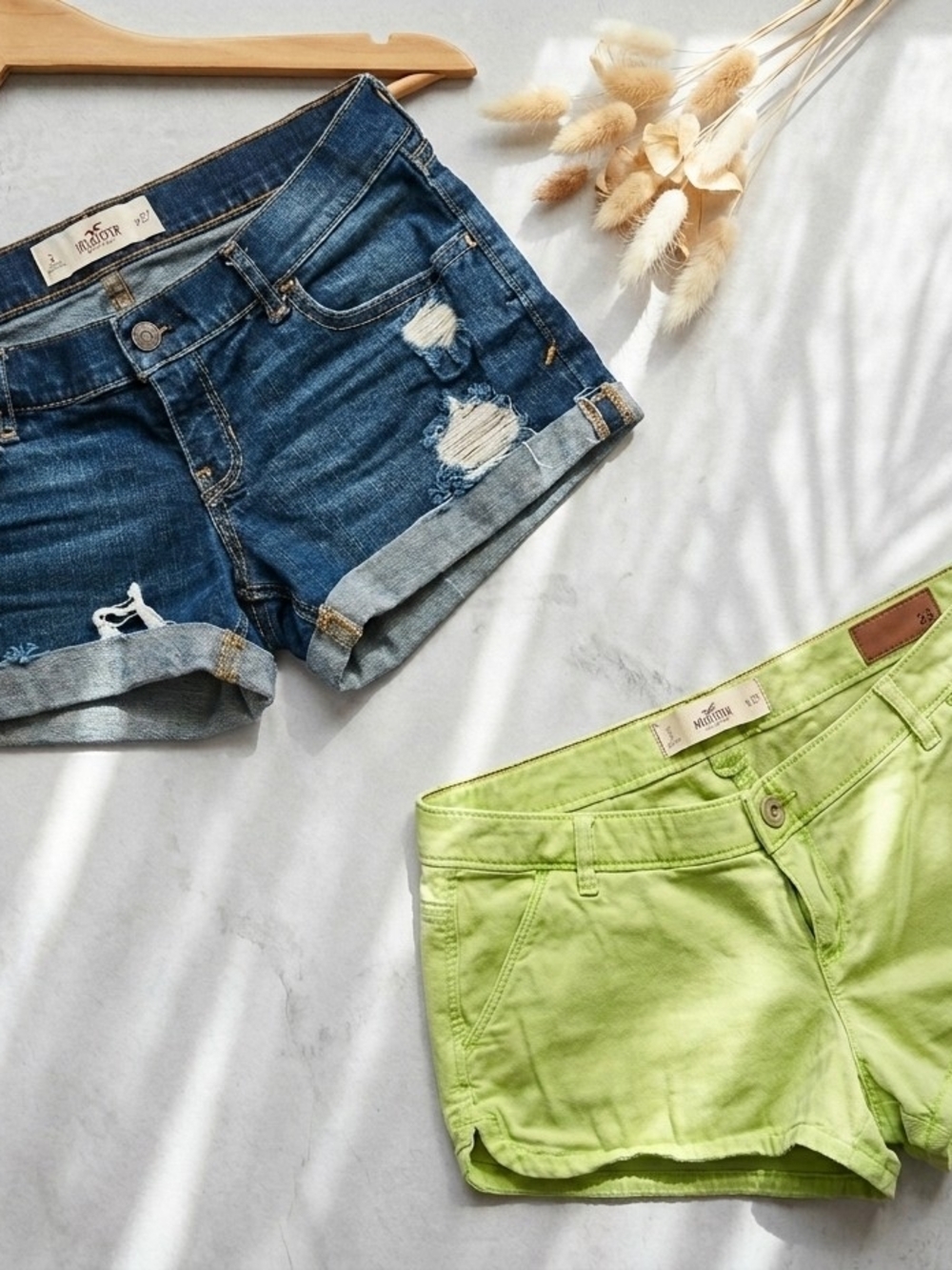 Hollister California Summer Shorts Bundle - Size 5/7 Distressed Denim + Lime Grn